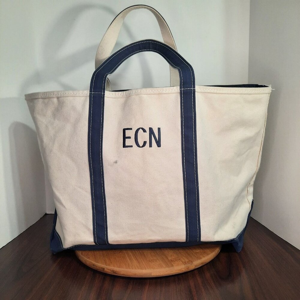 Vintage LL Bean Boat And Tote Bag Navy Blue Large Made In USA Zip Beach 80s 90s